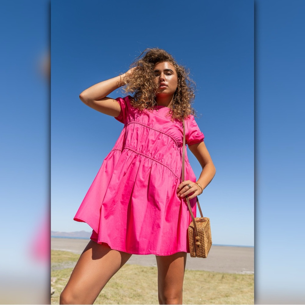 A019 ✽ Vibrant Pink Puff Sleeve Dress - Picture 3 of 5